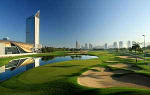 view of 18th hole, emirates golf club faldo course, dubai, united arab emirates