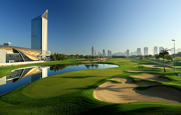 18th hole, emirates golf club faldo course, dubai, united arab emirates