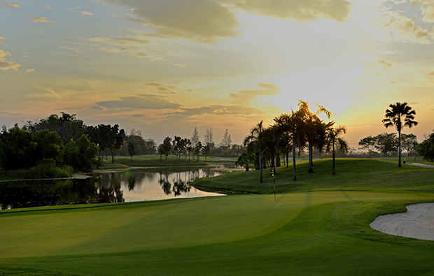 sunset at lotus valley golf club, bangkok, thailand